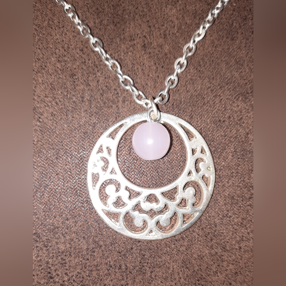 Signed Pink Quartz Dangle Silvertone Filigree Pen… - image 1